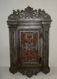 P. L. VOMBACH  OFFENBACH A/M 19C GERMAN DECORATIVE HANGING WALL CABINET METAL AND WOOD WITH POLYCHRO