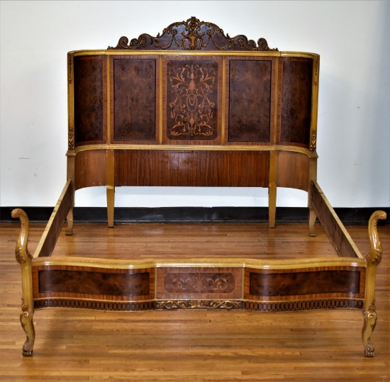 French Inlaid & Carved Bed Frame