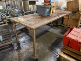 STAINLESS STEEL TABLE WITH WHEELS, PLASTIC TOTE & MISC. ITEMS