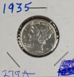 Three Ch AU Mercury Dimes 1935, 1939, 1940