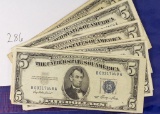 10 NOTES: 1953-A and 1953-B $5 Silver Certificates