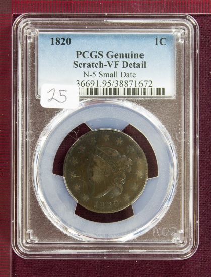1820 Coronet Large Cent N-5 Small Date PCGS VF Details