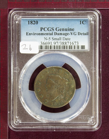 1820 Coronet Large Cent N-5 Small Date PCGS VG Details