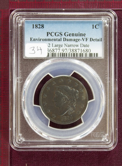 1828 Coronet Large Cent N-2 Large Narrow Date PCGS VF Details