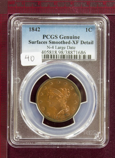 1842 Braided Hair Large Cent N-4 Lg Date PCGS XF Details