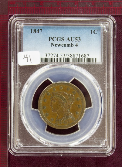 1847 Braided Hair Large Cent N-4 PCGS AU53