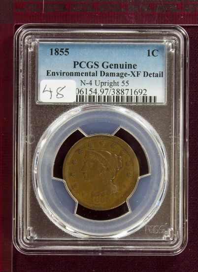 1855 Braided Hair Large Cent N-4 Upright 5's PCGS XF Details