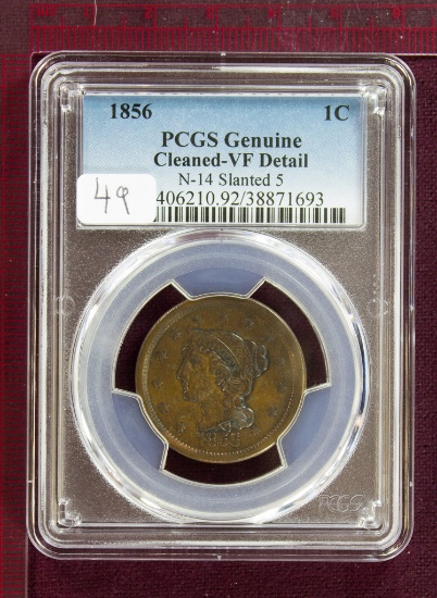 1856 Braided Hair Large Cent N-14 Slanted 5 PCGS VF Details