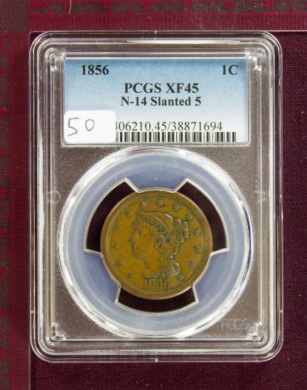 1856 Braided Hair Large Cent N-14 Slanted 5 PCGS XF45