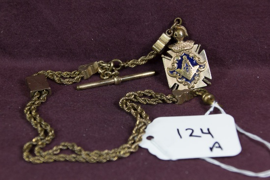YG Plate Albert Chain with heavy Masonic Blue Lodge Fob 13"