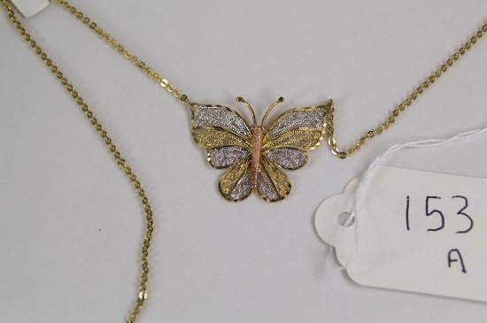 14K Rose, Yellow, White Gold Butterfly Necklace and Pendant