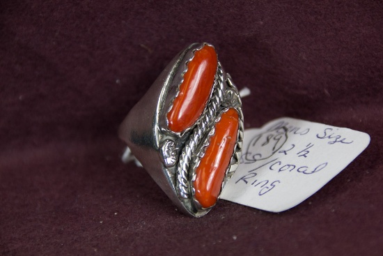 Massive Zuni Signed Sterling Coral Ring PADILLA