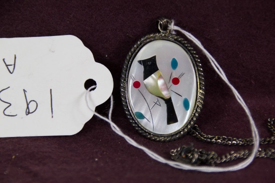 Zuni Silver Pendant Bird Inlay unsigned