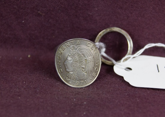 LOT of TWO: Mexican coin ring, small silver and coral ring
