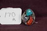 Zuni Signed Sterling Turquoise and Coral Man's Ring R NIETO