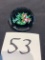Signed Ronald Hansen Mid Century Art Glass Paper Weight Black W/multi Color Flowers, 2 3/8 Diameter