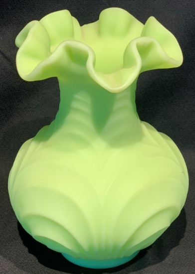 Art Glass Vintage Fenton Satin Lime Green Ruffled Top Vase