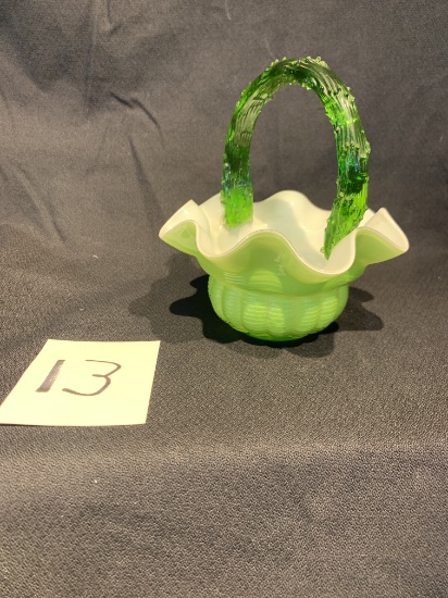 Art Glass Lime Green, Cased Glass Basket, Rare Dark Green Thorned Handle 5 In Diameter, 6 In Tall
