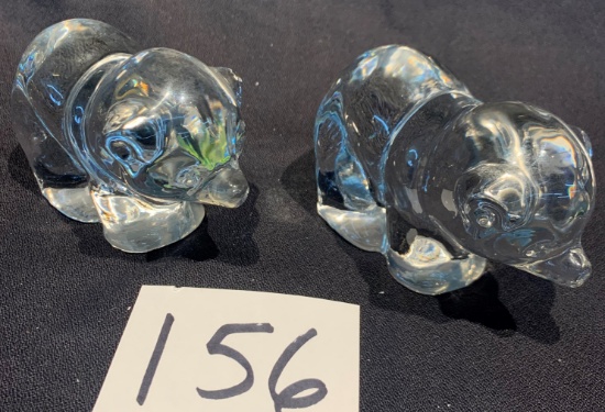 Pair Of Crystal Glass Bear Paperweights 4 1/2" In Length Each