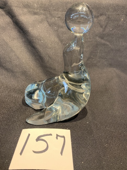 Large Crystal Glass Seal With Ball Paperweight 7 1/2" Tall
