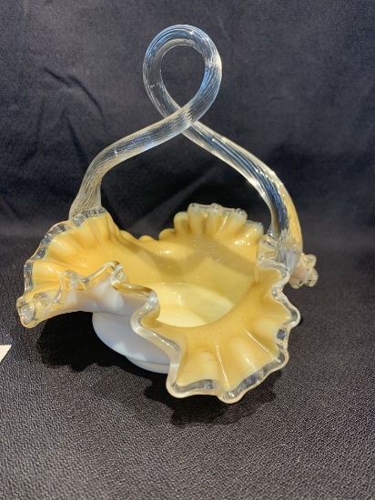 Art Glass Peach Case Ruffled Art Glass, Twisted Handle, 6 Inches Tall