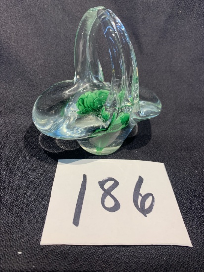 Small Art Glass Basket With Green Flower Paperweight 4" Tall