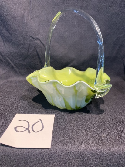 Art Glass Green And White Swirled Basket, 7.5 In Tall, 7 1/4 Diameter