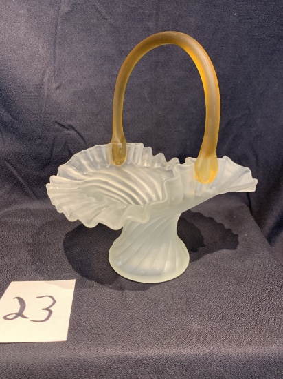 Art Glass Vintage Satin Swirl Glass, Amber Handle, 9 In Tall, 8 1/4 Diameter