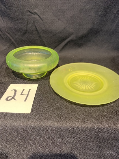 Art Glass Vintage, Vaseline Green Small Bowl And Underplate, 5 In (bowl), 6 1/4 (underplate)