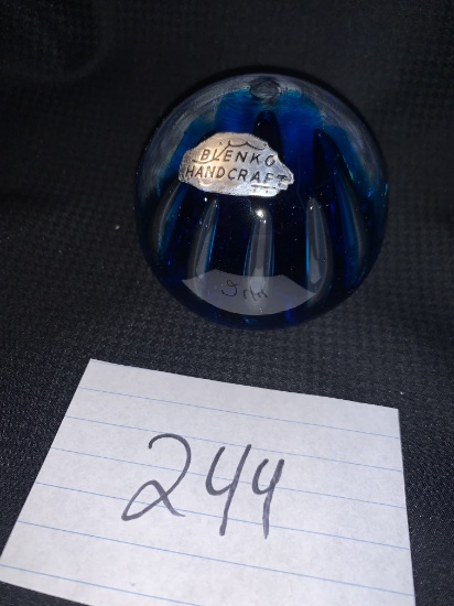 Blenko Handcrafted Art Glass Blown Glass Mid Century Paperweight Blue/green 2 3/4" Diameter