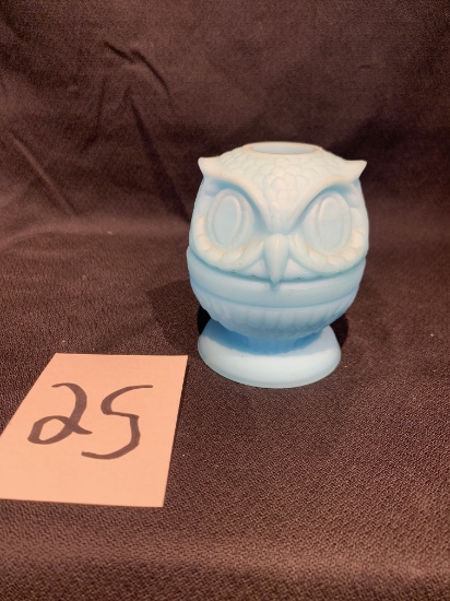 Vintage Fenton Glass, Blue Satin, 4 1/2 Tall , Glass Owl Fairy Lamp