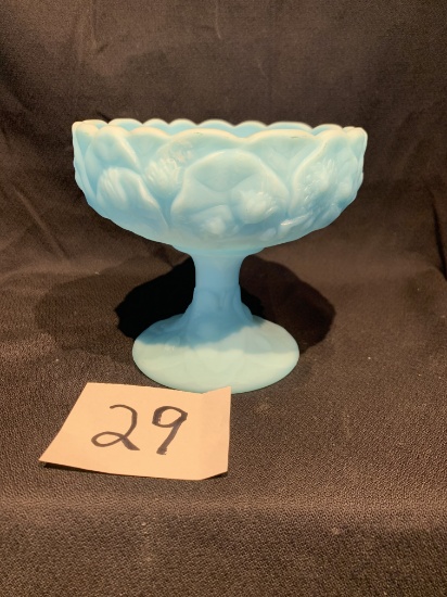 Fenton Blue Satin Glass Water Lily Footed Comport, 6 In Diameter, 5 1/4 Tall