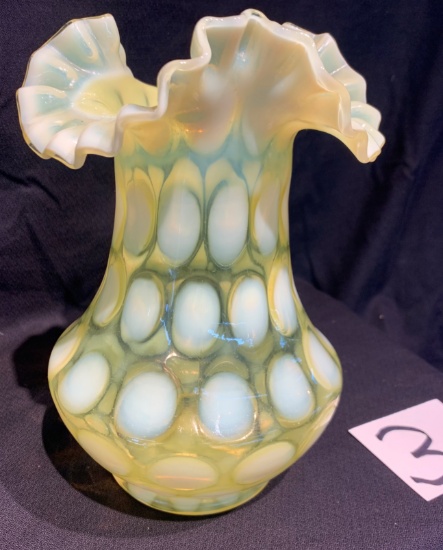 Vintage Fenton Topaz (vaseline) Opalescent Coin Dot Ruffled 9 3/4" Vase