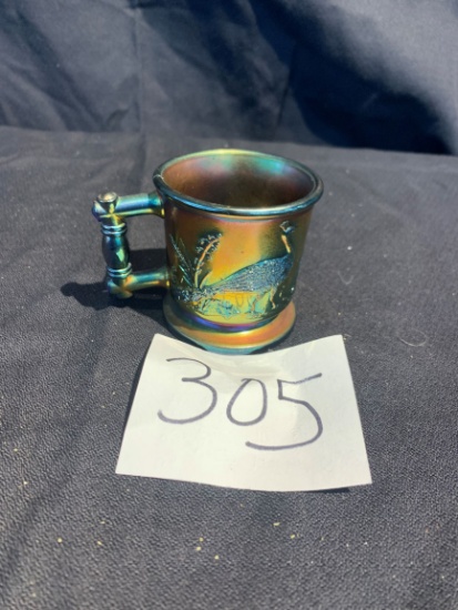 Antique Blue Carnival Glass Heron Mug Square Handle 2 1/2" by 2 1/4" across