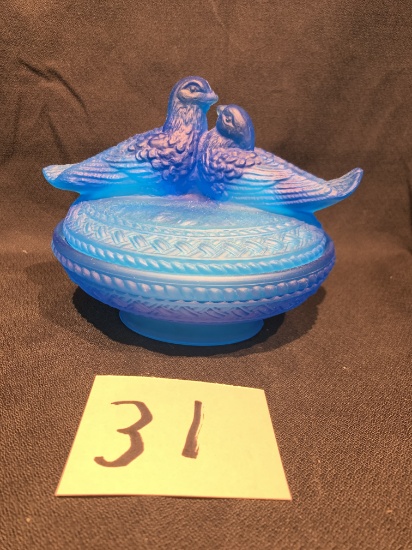 Vintage Westmoreland Blue Love Birds, 2 Piece Dish, 6.5 Inches Diameter, 5.5 In Tall