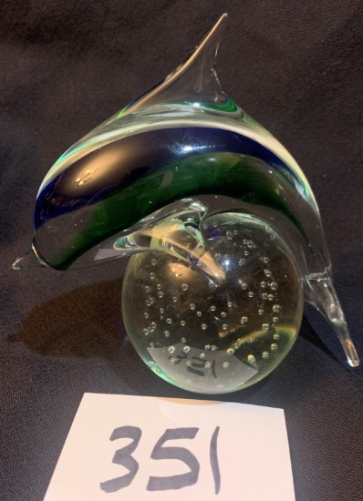 signed Patricia Faye colorful Dolphin on controlled bubble paperweight VERY COOL! BEAUTIFUL!