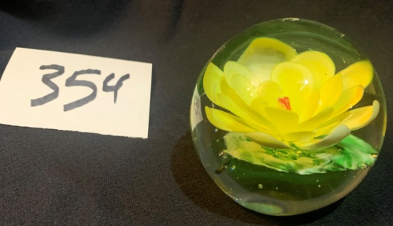 beautiful SIGNED Yellow Flower round paperweight 3" diameter