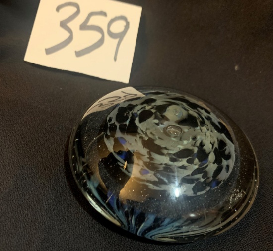 vintage ARTIST SIGNED Art Glass flattened paperweight 4 1/4" wide