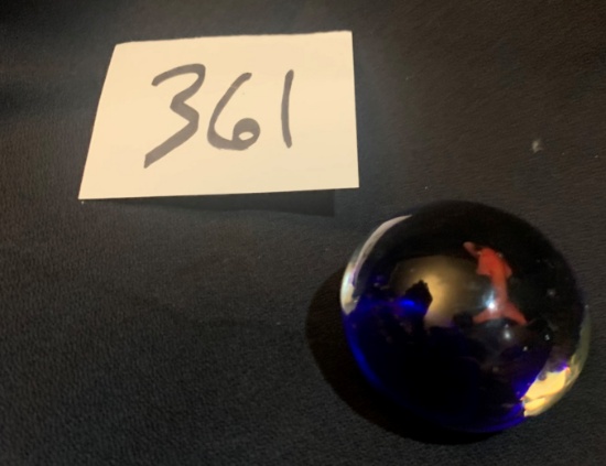 small Art Glass paperweight with orange fish Shark? In cobalt blue paperweight 2" diameter