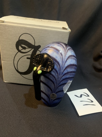 FENTON Celeste Blue w/Black ELEPHANT paperweight 559 Art Glass NEW IN ORIGINAL FENTON BOX! 5 1/2" ta