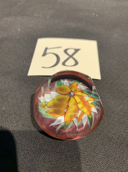 Signed Ronald Hansen Mid Century Art Glass Paper Weight Flowers, 2.5in Diameter