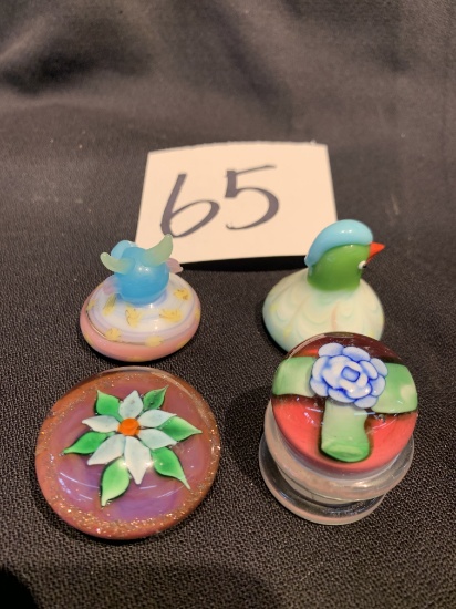 Group Of 4 Art Glass Paper Weights, 2 Unsigned Hansen