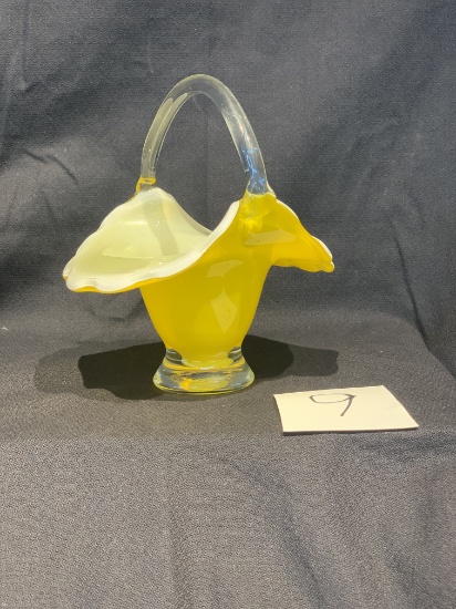 Yellow Encased Art Glass Basket 7 1/2 " Tall