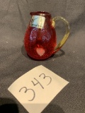 vintage PILGRIM Art Glass Red Crackle Pitcher w/Amberina Attached handle 4