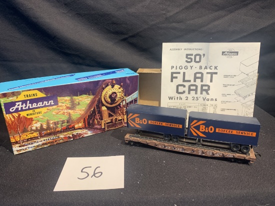 Vintage Athearn Ho Scale Model Train 50 Ft Flat With 2 Vans Sante Fe B & O Tofcee Service
