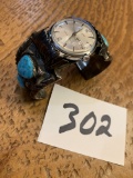J.MARTINEZ Navajo Turquoise Sterling CARAVELLE Watch Cuff Bracelet HEAVY 159 grams! SIGNED
