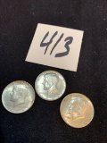 THREE 1964 SILVER Kennedy Half Dollar Coins in very good condition