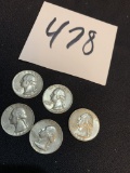 FIVE 1964 SILVER Washington quarters COINS very fine condition
