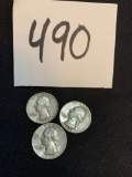 Three SILVER Washington quarter coins 1952 1959 1961