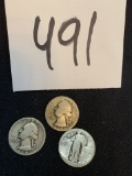 THREE 1930s SILVER Quarter US Coins